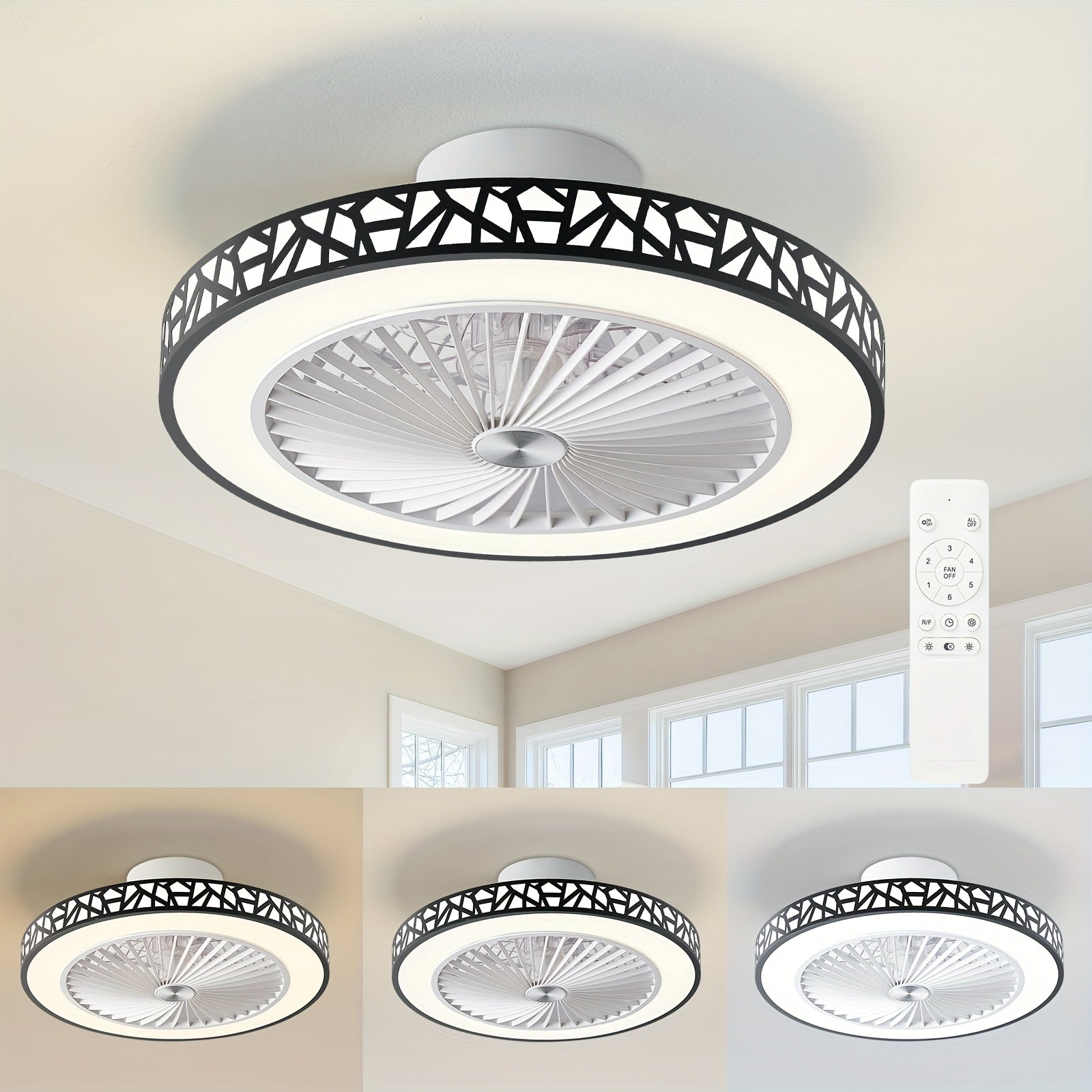 Inch Modern Slim Ceiling Fan, 6 Speed, Reversible Bladeless Design, 41W Dimmable LED Fan Light, Quiet Timing Lighting for Bedroom, Living Room and Office