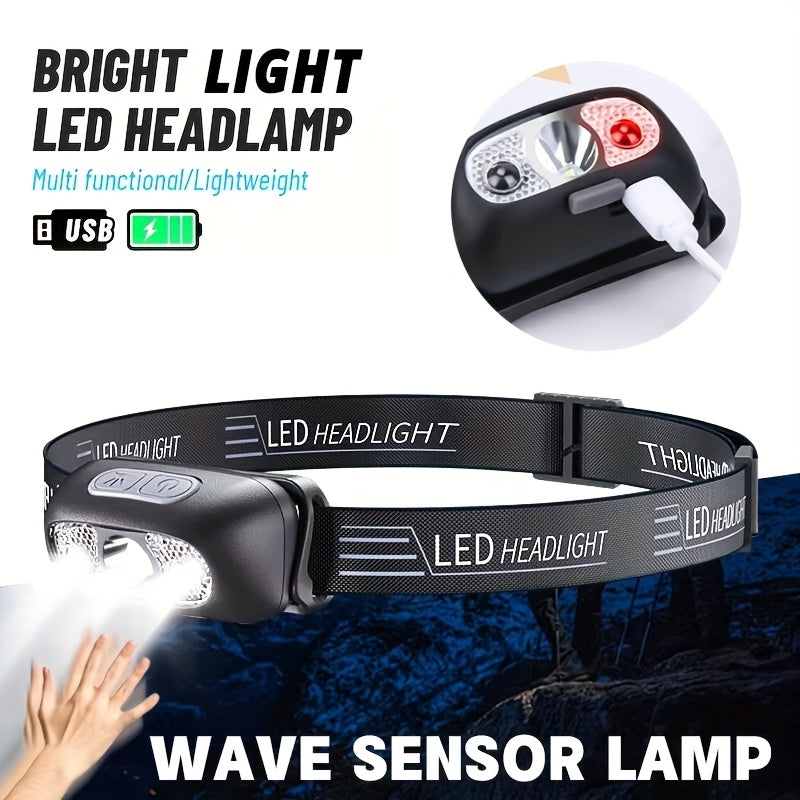 1Pc Mini Rechargeable Powerful Induction Headlamp, Smart Wave Motion Sensor Head Flashlight, USB Rechargeable Searchlight, Ideal for Fishing, Hiking, Repair and Emergency Lighting