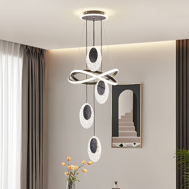 Modern LED Indoor Pendant Light with 4 Oval Disc-Shaped Pendants, 3-Color Temperature Adjustable Lighting Fixture