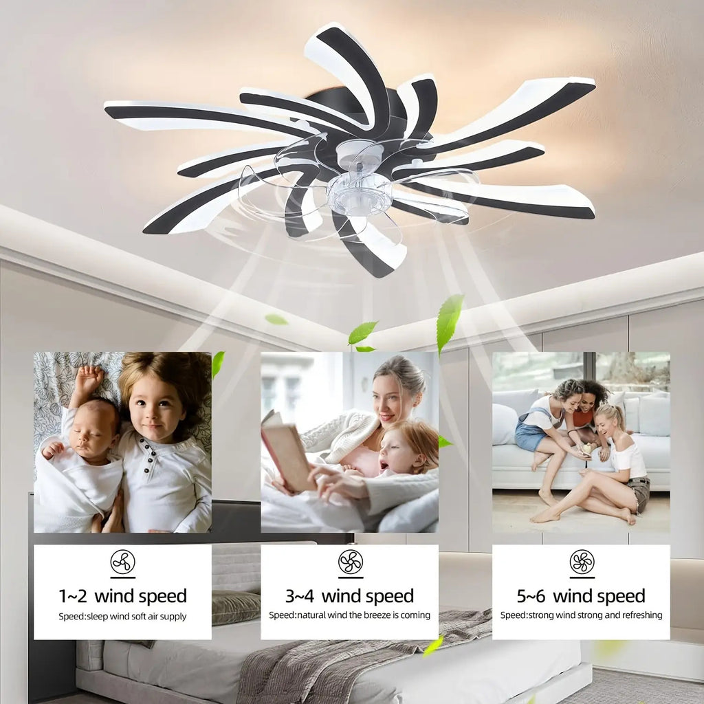 Modern Black Flush Mount Ceiling Fan with Light, 31 Inch, Reversible 6 Speed Adjustable, Remote Control Included, Ceiling Fan Chandelier with Bright Light for Bedroom, Living Room, Kitchen, Office