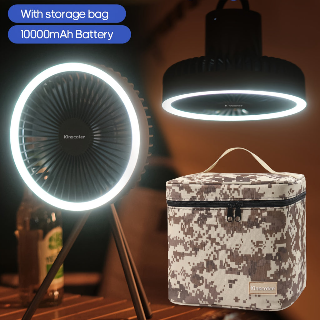 Outdoor Essential 10000mAh USB Rechargeable Camping Fan, Timing Portable LED Ceiling Camping Light Fan with Metal Tripod, Can Be Used as Power Bank, Suitable for Outdoor Camping Home Office, Equipped with Portable Storage Bag