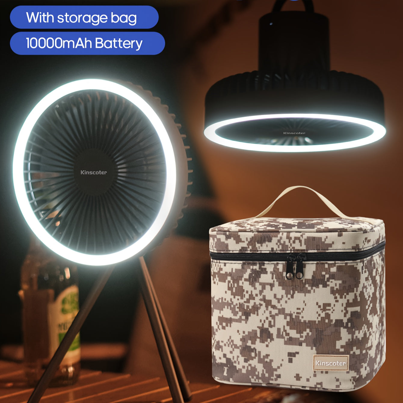 Outdoor Essential 10000mAh USB Rechargeable Camping Fan, Timing Portable LED Ceiling Camping Light Fan with Metal Tripod, Can Be Used as Power Bank, Suitable for Outdoor Camping Home Office, Equipped with Portable Storage Bag