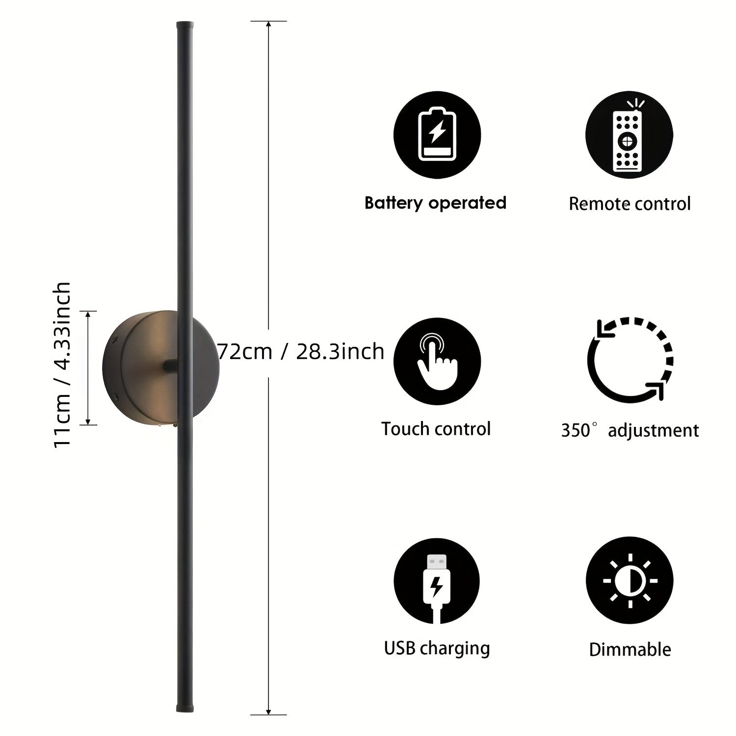 Black Gold Battery Operated Wall Light, Single or Double Piece Optional, with Remote Control, Touch and Timer Functions, Adjustable Brightness, Size 28.3 Inches, Suitable for Living Room, Bedroom, Hallway, Hotel and Home Decoration