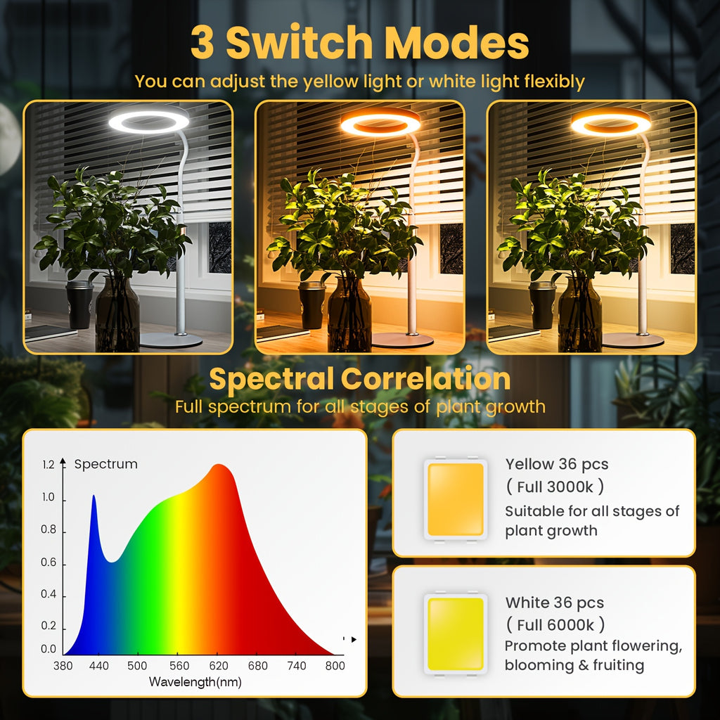 bseah indoor plant grow adjustable LED light - full spectrum ring light with automatic timer, 3/9/12 hour timer, 9 dimming levels, USB powered, flexible long neck tube suitable for large plants