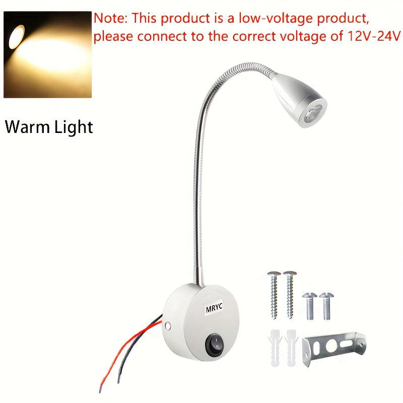 MRYC 3W Flexible Gooseneck LED RV Reading Light, Heavy-Duty Adjustable Spotlight, Hardwired DC12-24V, Button Switch, Suitable for Camper Trailer Interior Ceiling Wall Mount Lighting
