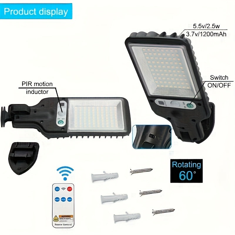1pc-80LED Solar Sensor Street Light, ABS Material, Ultra-High Power Built-in Rechargeable 18650 Lithium Battery, with Infrared Sensor Function Wall-Mounted Solar Light, Including Motion Sensor 3 Functional Modes