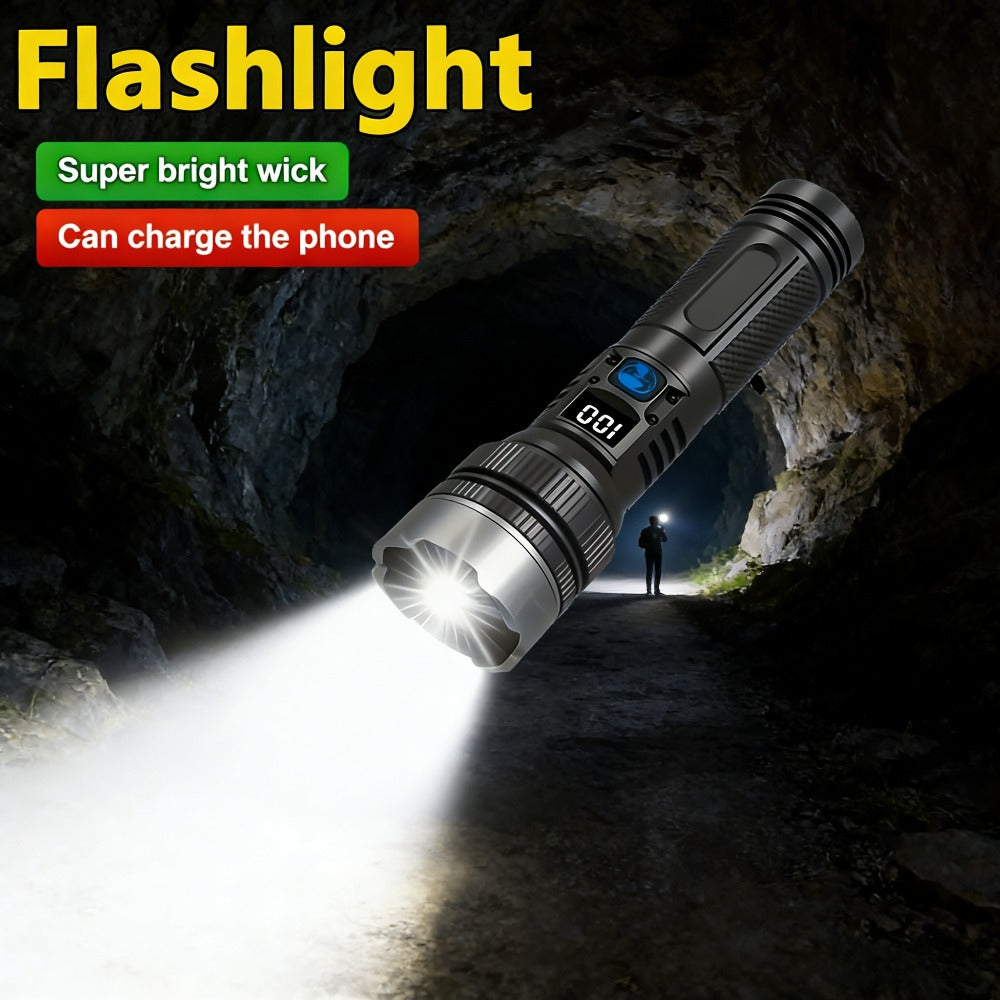 Powerful Rechargeable Flashlight, IP65 Waterproof, High Lumen LED Tactical Design, Zoom Function, Digital Power Indicator, Type-C Fast Charging, Ideal Portable Handheld Light for Camping, Hiking and Emergency Situations