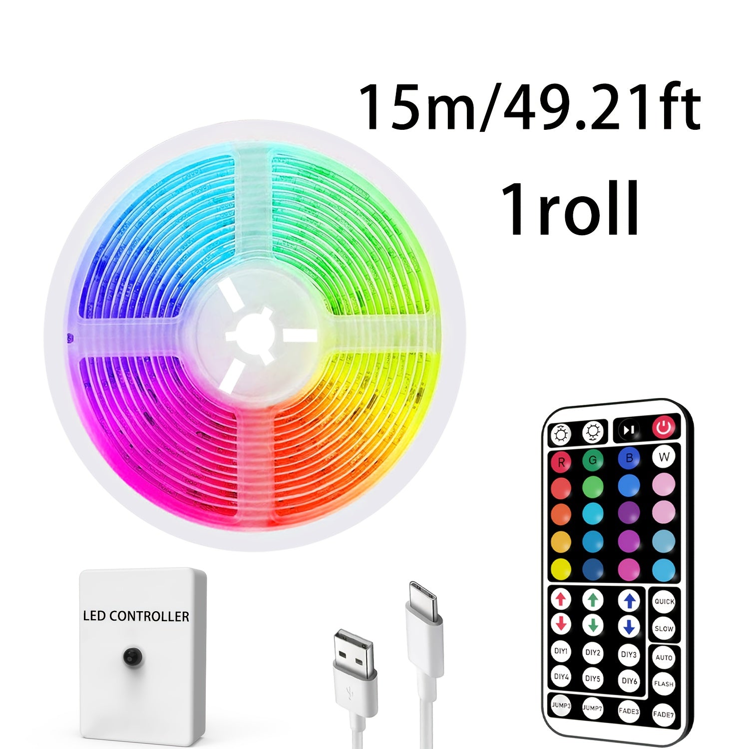 Type-C接口灯带，长度可选3.28到98.43英尺，具有RGB动态灯光和LED灯，配备44键遥控器和信号接收器，可更改模式，适用于天花板、卧室、酒吧、复活节庆祝活动