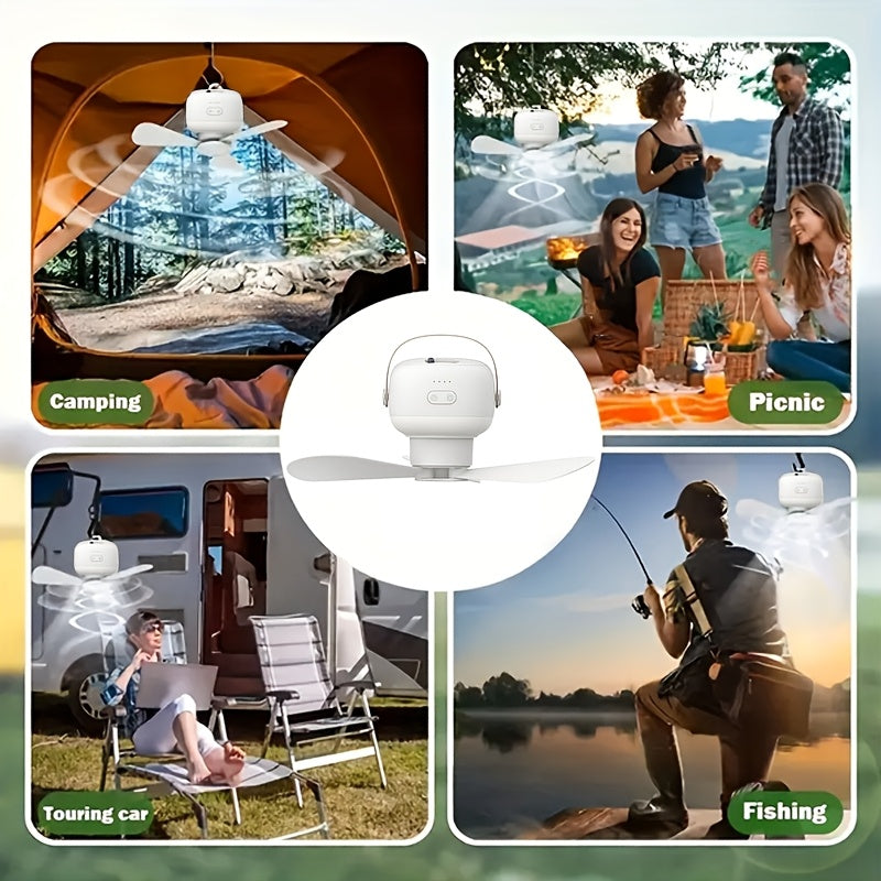 Multifunctional USB Fan Light, Dimmable Outdoor Camping Light, 3 Blades Design, 3 Speed Levels, Dual Use as Hanging & Desktop Lamp for Bedroom Living Room Kitchen Outdoor Tent