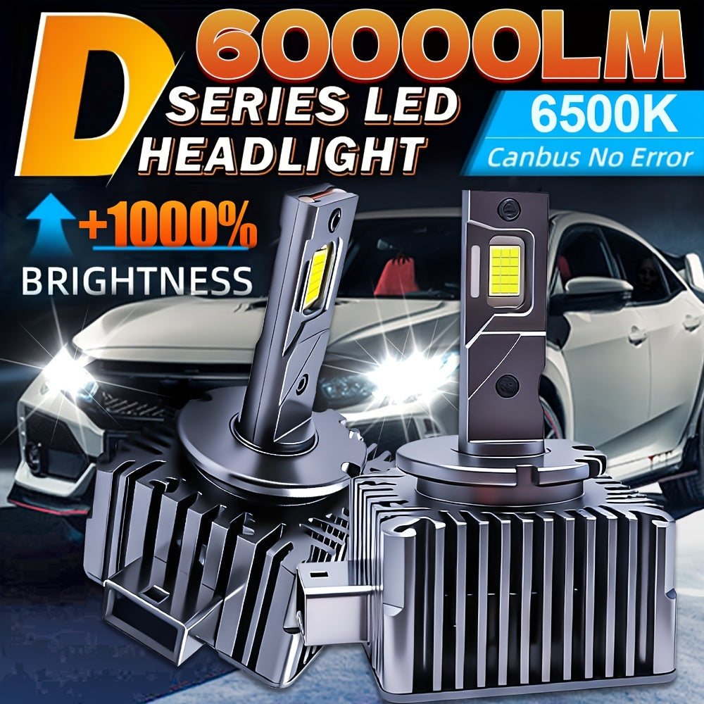 2-Pack LED Car Headlights, Compatible with D1S/D2S/D3S/D4S Sockets, High/Low Beam Dual Mode, 60,000 Lumens Brightness, 6500K Color Temperature, Built-in Fast Cooling Fan in Housing