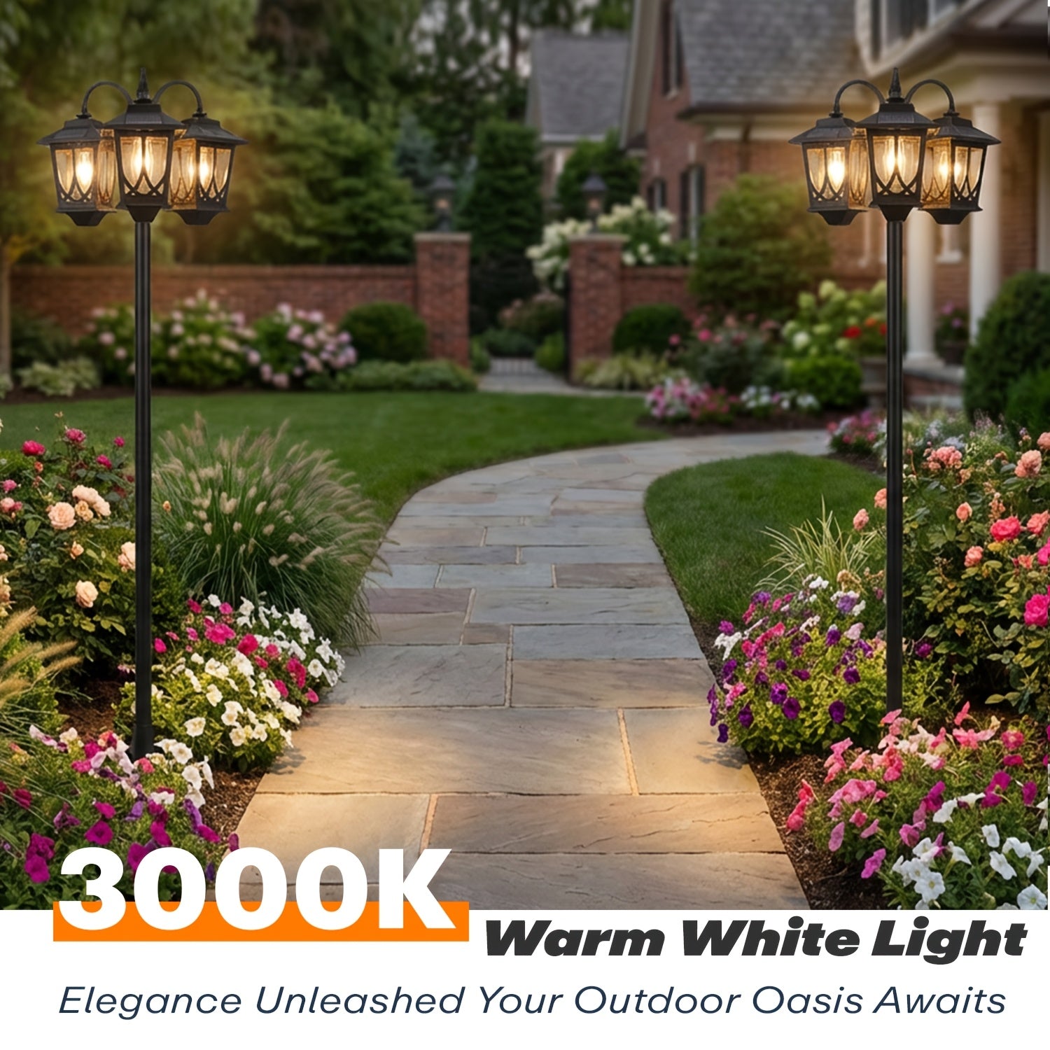 3-Head Solar Outdoor Lamp Post | 73 Inch Light Post, Dusk-to-Dawn Auto On/Off, Metal Material, Semi-Flush Mount Installation, Suitable for Garden Courtyard Home, Mardi Gras, Easter Decoration