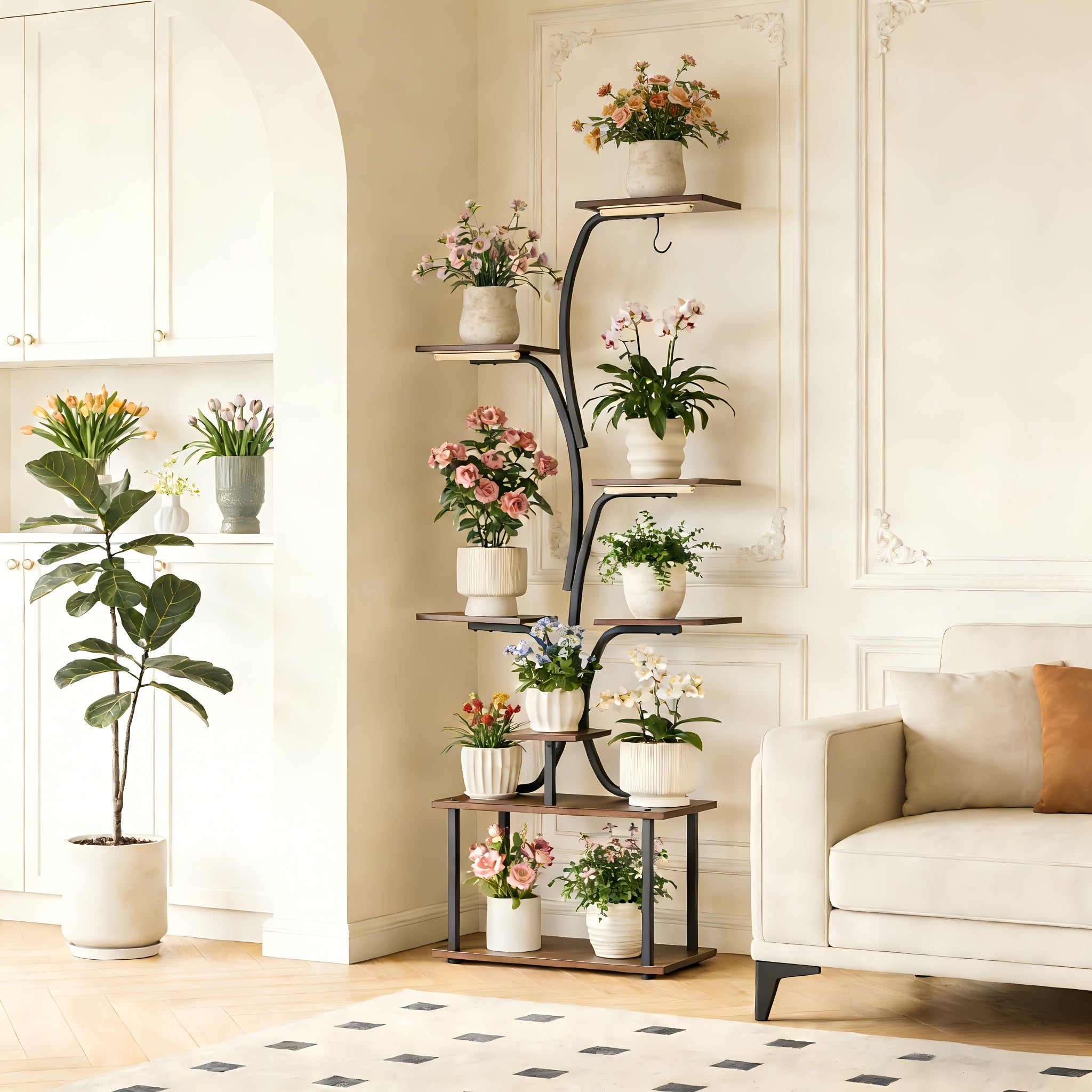 1-Piece Indoor Plant Stand with Adjustable Grow Light, 8-Tier Sturdy Metal Plant Display Shelf, 62 Inch Corner Storage Rack, Space-Saving Modern Style, Perfect for Home, Living Room, Bedroom and Balcony, Ideal for Potted Plants, Herbs and Succulents