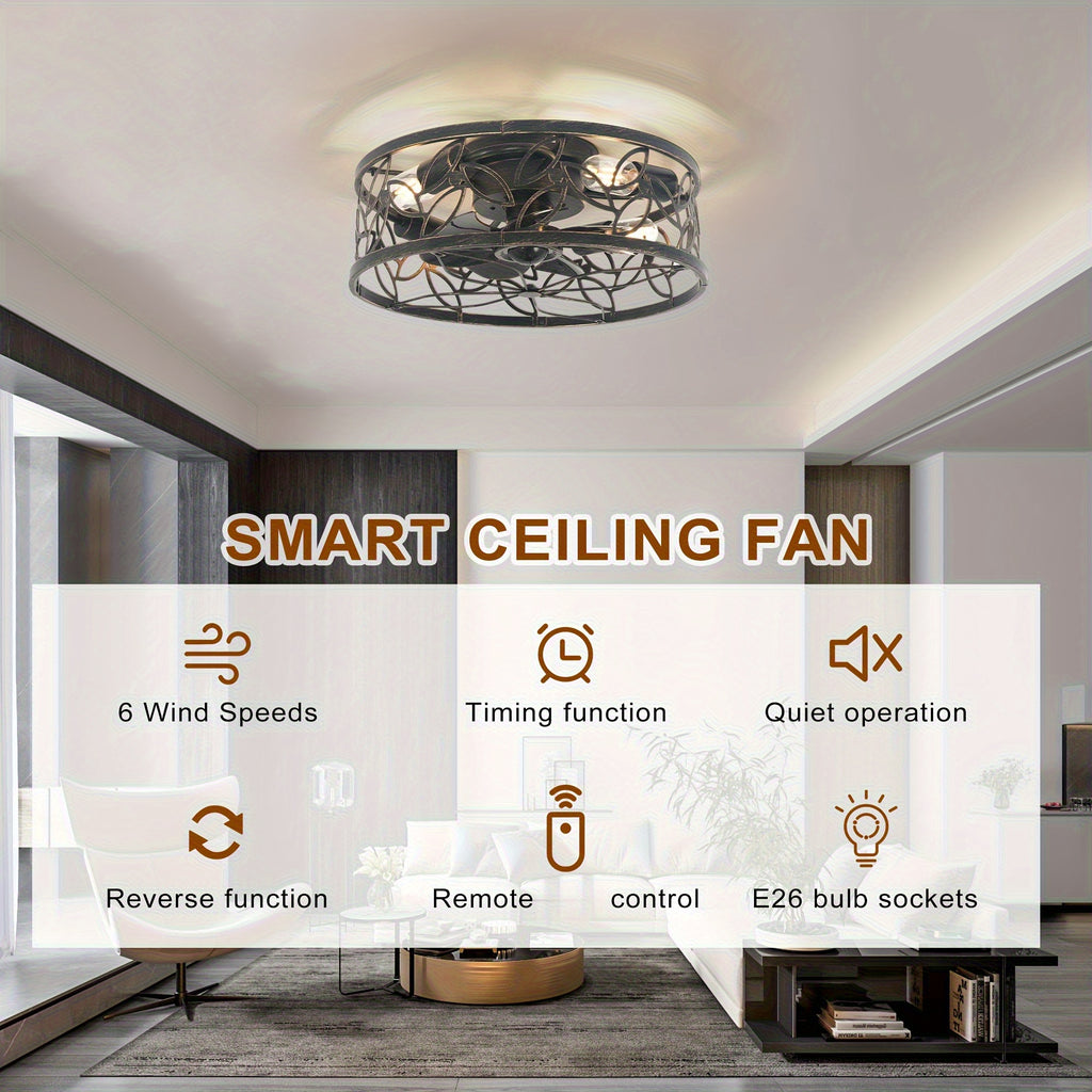 Enncll Farmhouse Ceiling Fan with Light and Remote, 18 Inch Black Caged Bladeless Ceiling Fan Light, Flush Mount Fixture for Kitchen and Bedroom