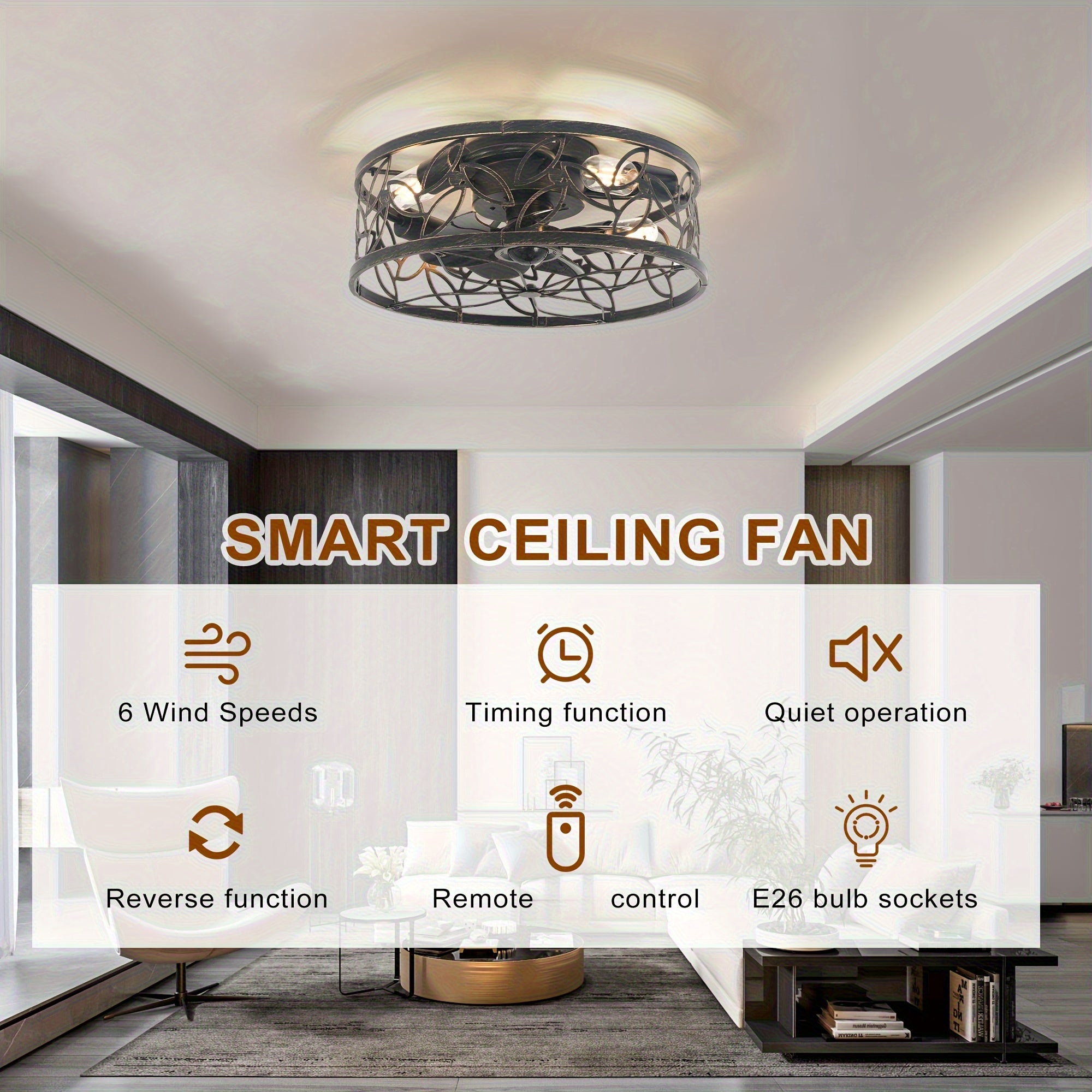 Enncll Farmhouse Ceiling Fan with Light and Remote, 18 Inch Black Caged Bladeless Ceiling Fan Light, Flush Mount Fixture for Kitchen and Bedroom