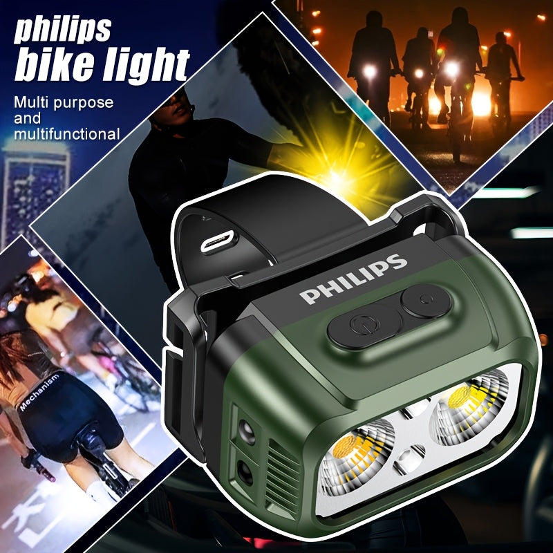 1P Philips Bike Headlight & Camping Light, Warm White Dual Light Modes, Multi-Level Dimming, Smart Motion Sensor, Wave Activated On/Off, Red & Blue Warning Light Function, Large Capacity Battery Long Endurance