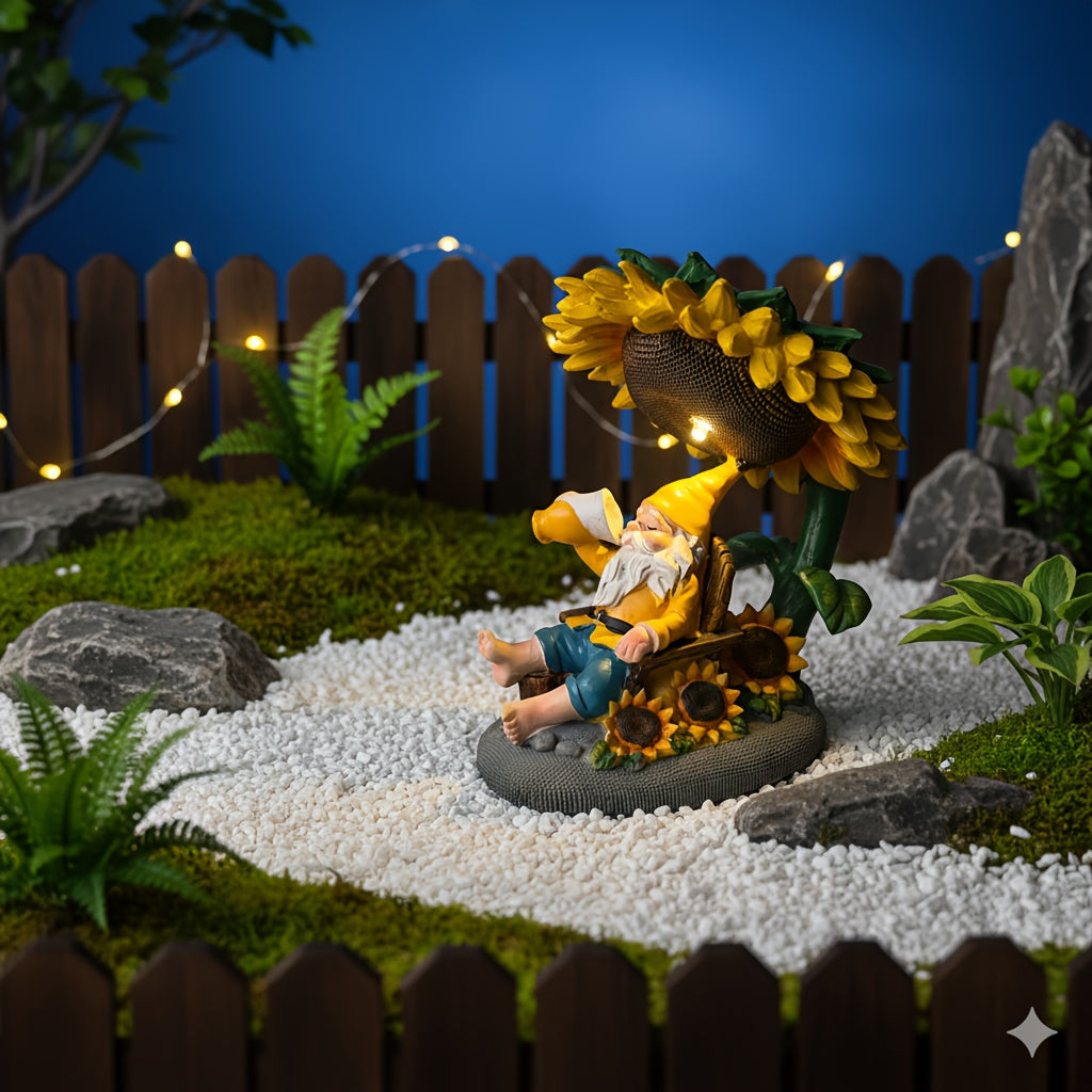 One Creative Solar Gnome Statue Light Under a Sunflower, Outdoor Whimsical Cozy Coffee-Drinking Old Gnome Christmas Ornament, Suitable for Garden Courtyard Miniature Landscape, Tabletop, Lawn, Flower Pot