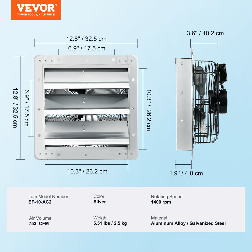VEVOR 10''/16''/24'' Fan Shutter Exhaust Fan, Aluminum Wall Mount Attic Fan with AC Motor, Ventilation & Cooling for Greenhouse Garage Shed Store