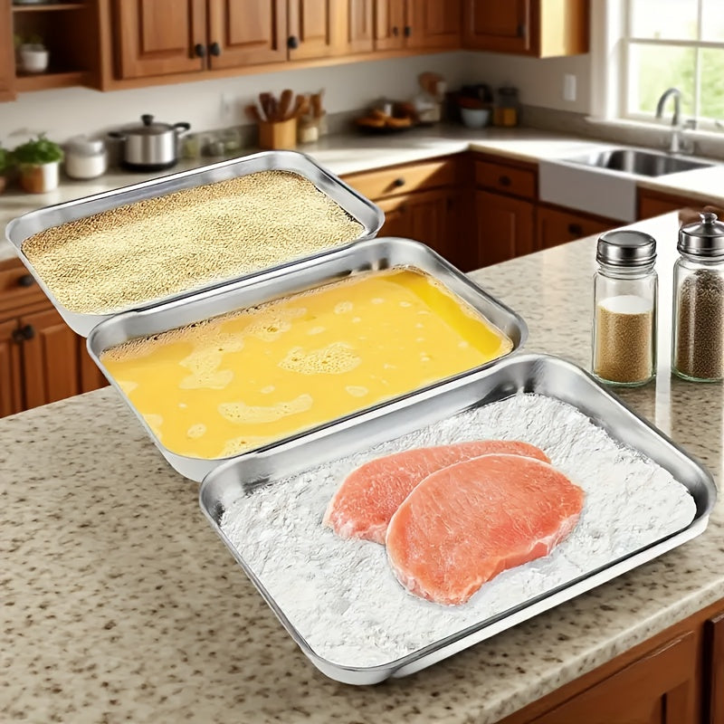Stainless Steel Bread Tray Set of 3, Kimchi Plate, Oven-Safe Heat-Resistant Pan, Tray for Dipping Flour for Fried Foods, Thick Durable Material, Dip Tray, Cake Baking, Kitchen Storage, Kitchen Accessories, Kitchen Gadgets, Kitchen Supplies
