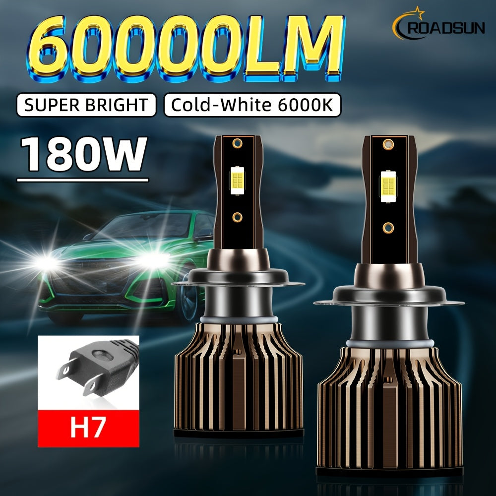 ROADSUN offers a set of 2 LED bulbs, compatible with H1, H7, H11, 9005, 9006, H4, H13, 9007 and 9004 types, providing a super bright output of 60000 lumens at 180 watts, and a color temperature of 6000K