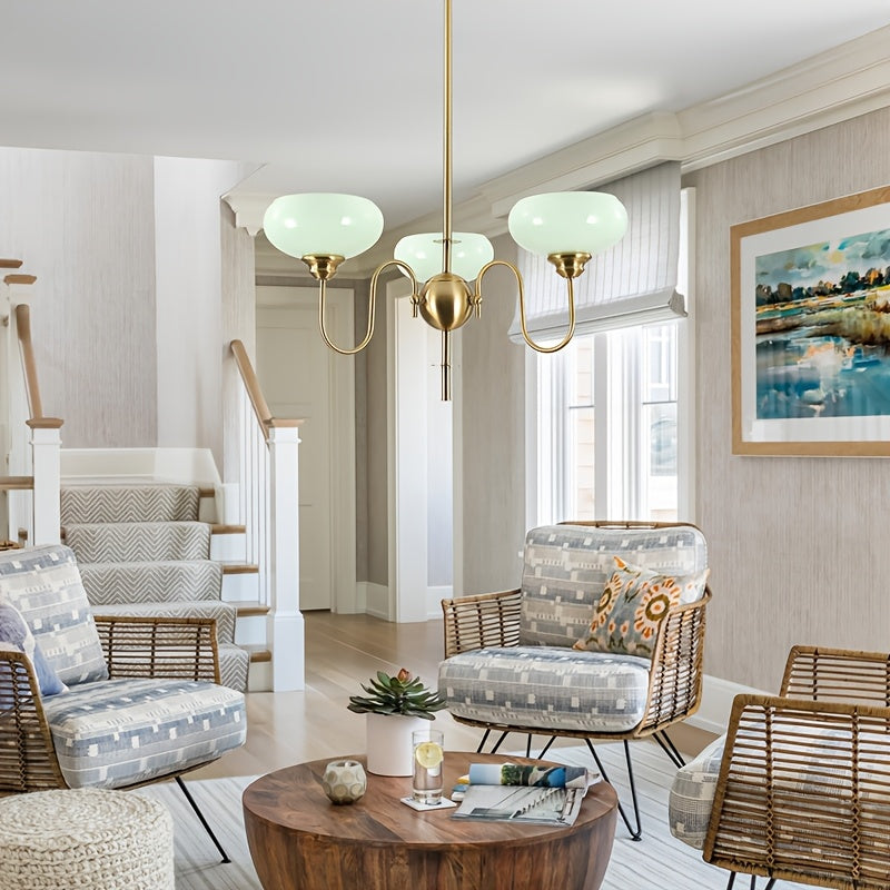 Elegant Gold Three-Light Pendant Light, Mid-Century Modern Chandelier with Opal Glass Shade, Adjustable Hanging Ceiling Light, Suitable for Dining Table and Living Room