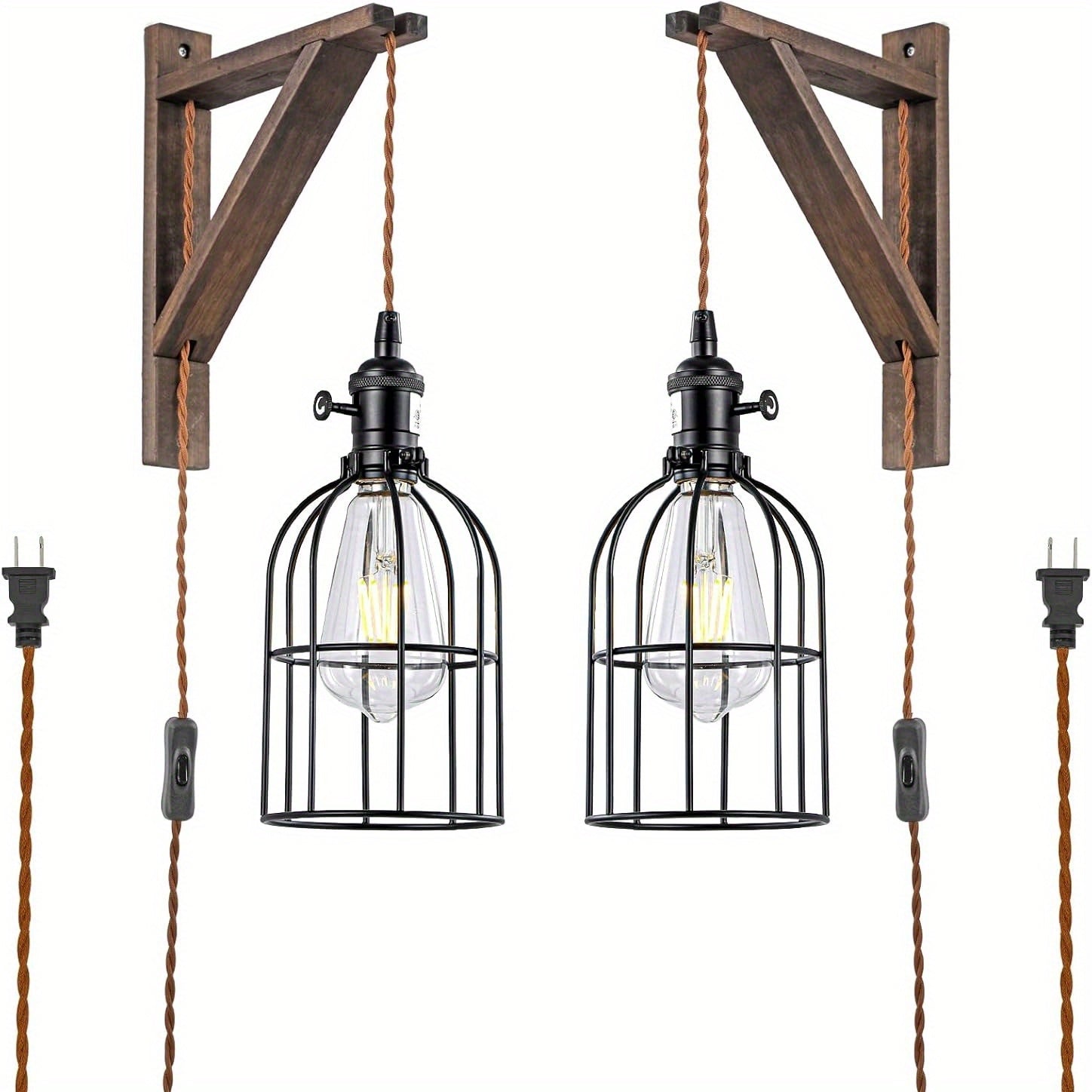 Two-Piece or One-Piece Plug-In Wall Light Without Wiring - Farmhouse Style Metal Cage and Wood Bracket Bedside Lamp, Suitable for Bedroom Headboard (Easy-to-Install Barn Light Decor) (Bulb Not Included)