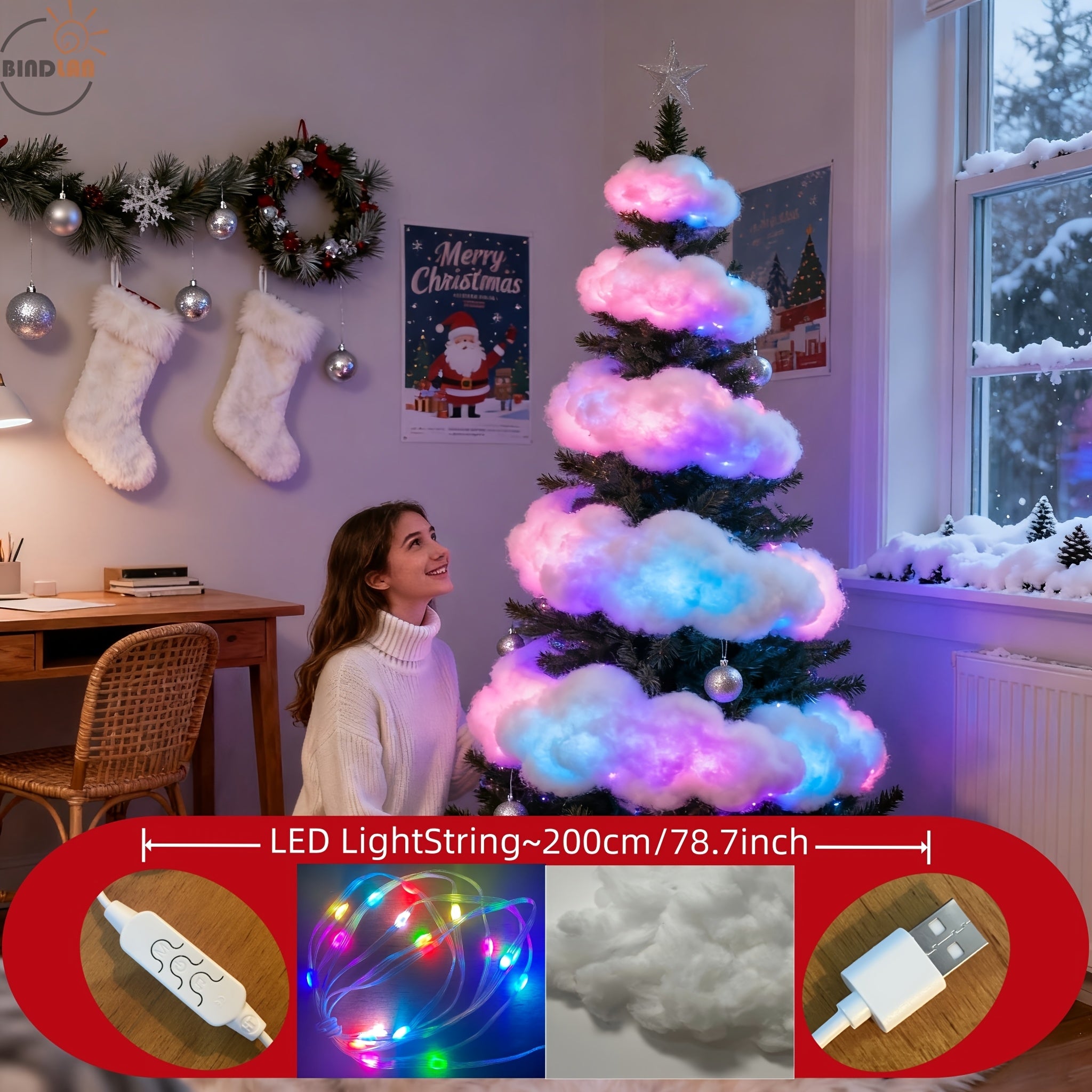 LED雲朵燈，RGB (提供兩種長度：299英吋和78.7英吋)。聖誕節節慶裝飾，雷雲燈適用於萬聖節和聖誕節。客廳、臥室或遊戲區的氣氛燈光。USB供電。