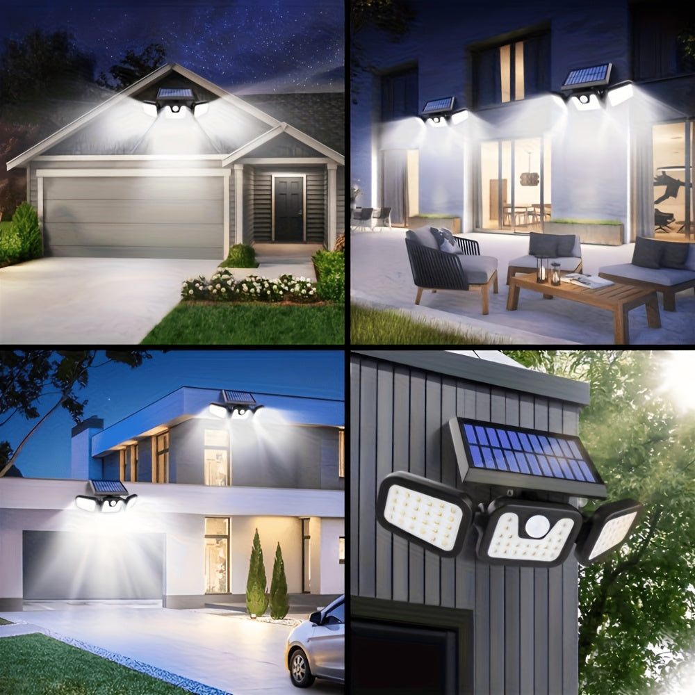 3-Head Solar Powered Triple Head Independent Wall Light - Outdoor Sensor! Yard Lighting. 3 Adjustable LED Heads Motion Activated, Dusk to Dawn Automatic ON/OFF. Emergency Lighting Mode, Energy Saving, Easy Installation
