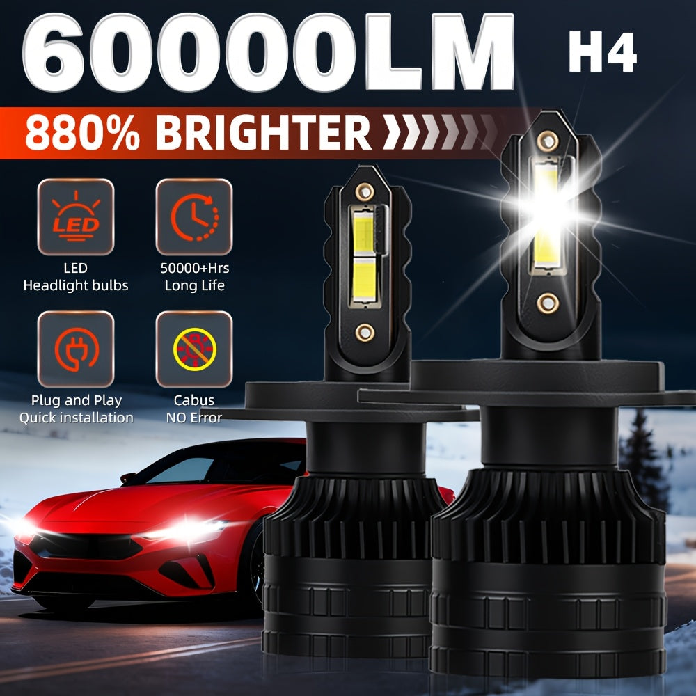 Car LED Headlight Kit (2Pcs), Model H4/HB2/9003, Compatible with 9005, 9006, H1, H4, H7, H11, H8, H9, Brightness 6500K, 12V Voltage, Luminous Power 200W, High Brightness 60000 Lumens, No Battery