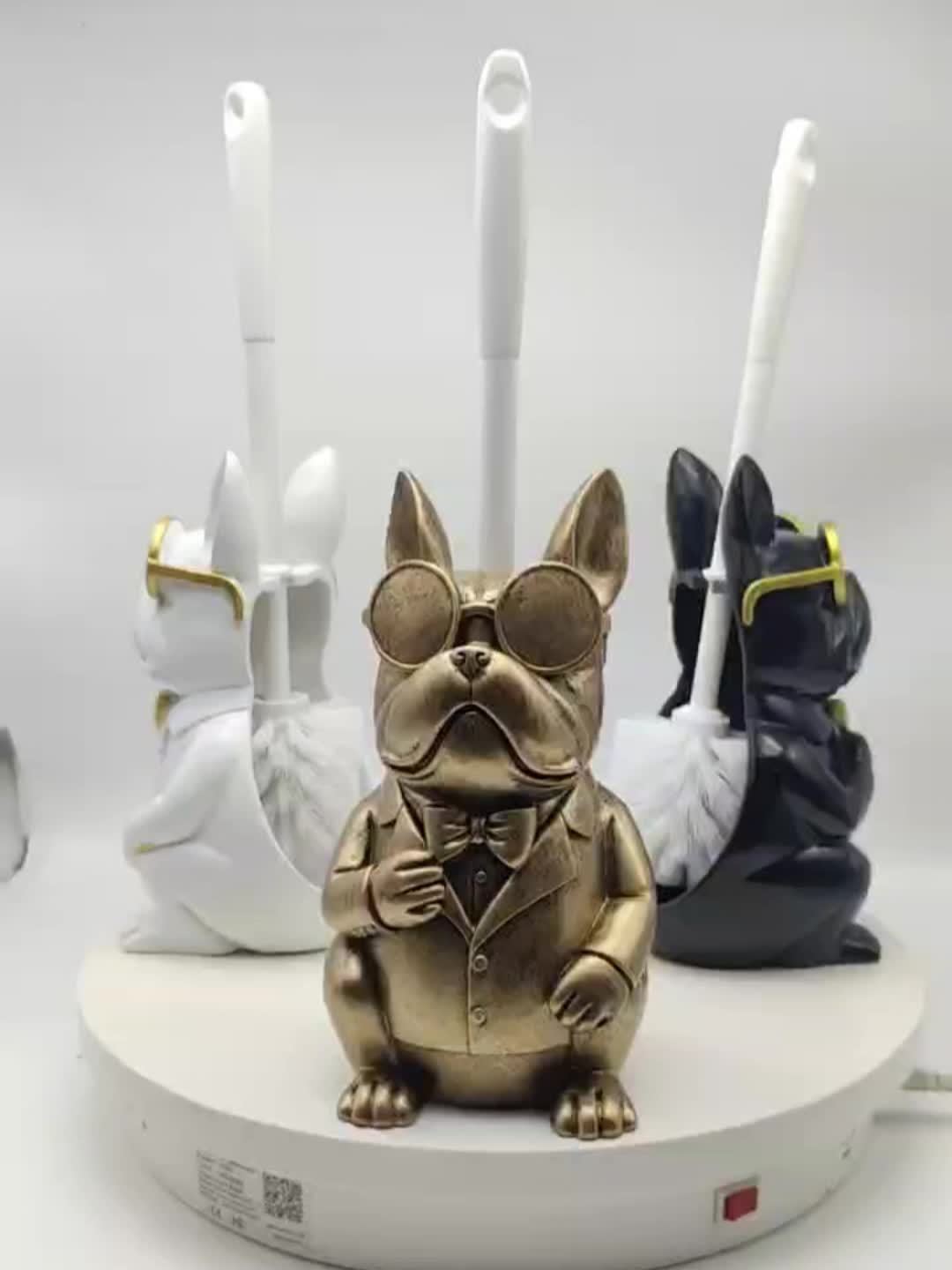 Original Antiqued Copper Dog Sculpture Toilet Brush Holder - Resin Animal Toilet Brush Holder & Compact Plastic Toilet Brush, Bathroom Accessory Set