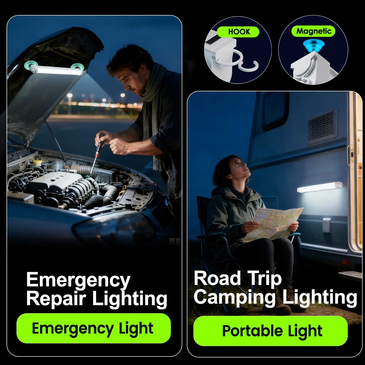 Rechargeable portable lighting lamp, long battery life, with hook, hands-free, suitable for car repair, garage lighting, camping, emergency power outage lighting, night fishing, night climbing and many other dark scenarios