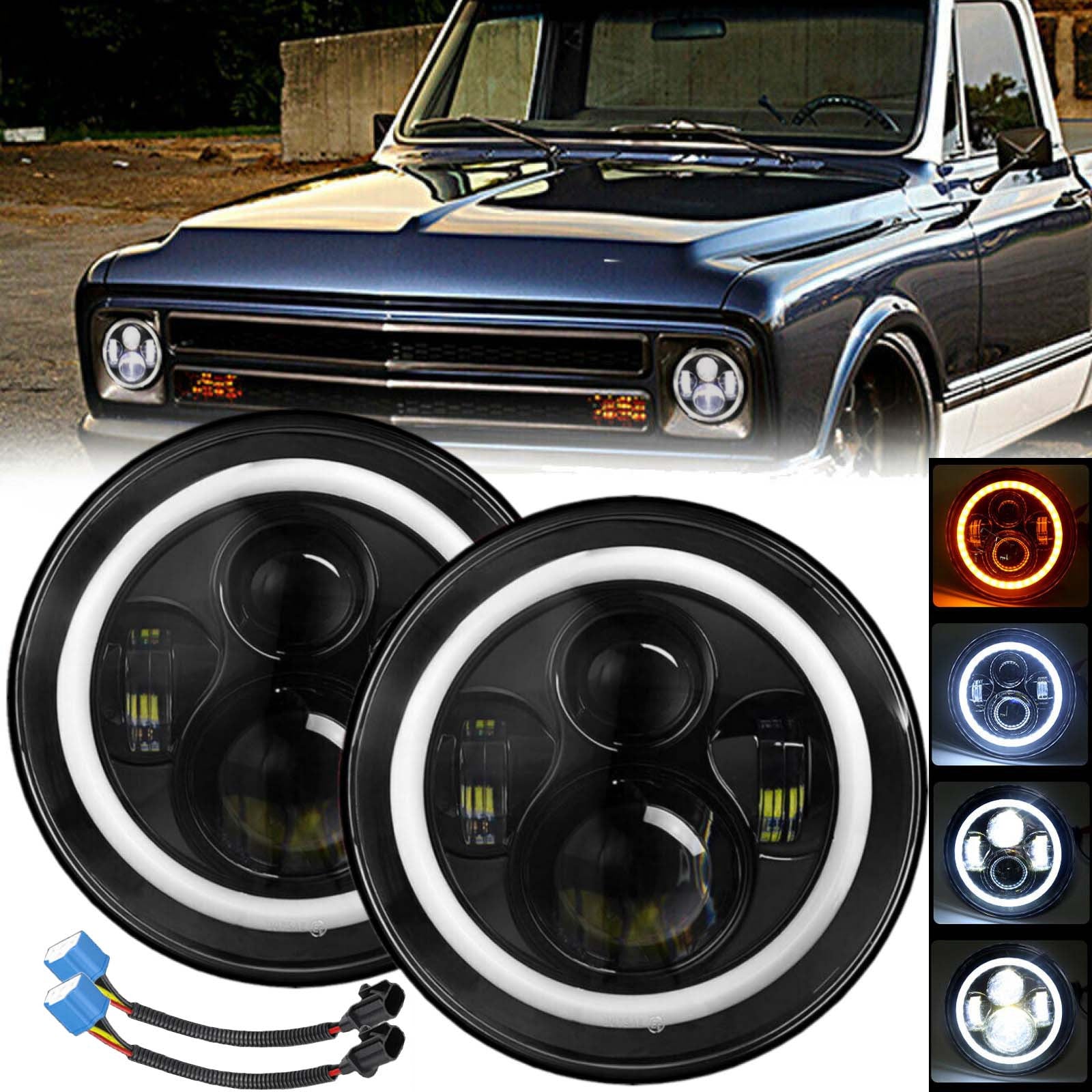 Set of 7-Inch Round LED Headlights (2 Pieces) or Set of 4-Inch Fog Lights (4 Pieces) plus 7-Inch Headlights for F-100, F-250 and F-350 Trucks, as well as Chevy Nova, Camaro and C10 Models