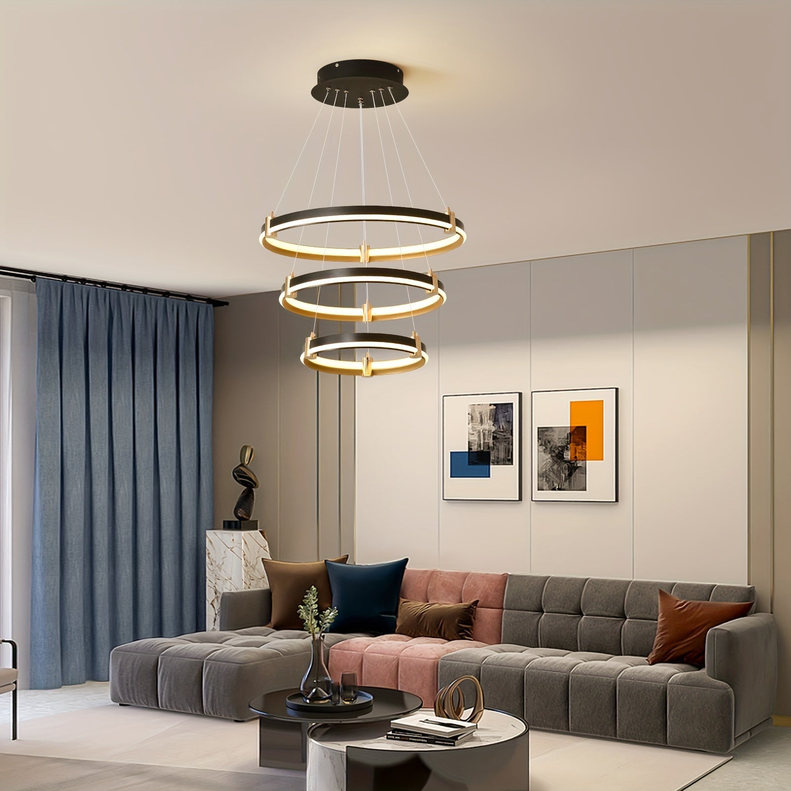 Modern LED pendant light, 90W dimmable modern LED black pendant light, 3-ring acrylic hanging pendant lighting fixture, kitchen island, dining room, living room, bedroom, foyer