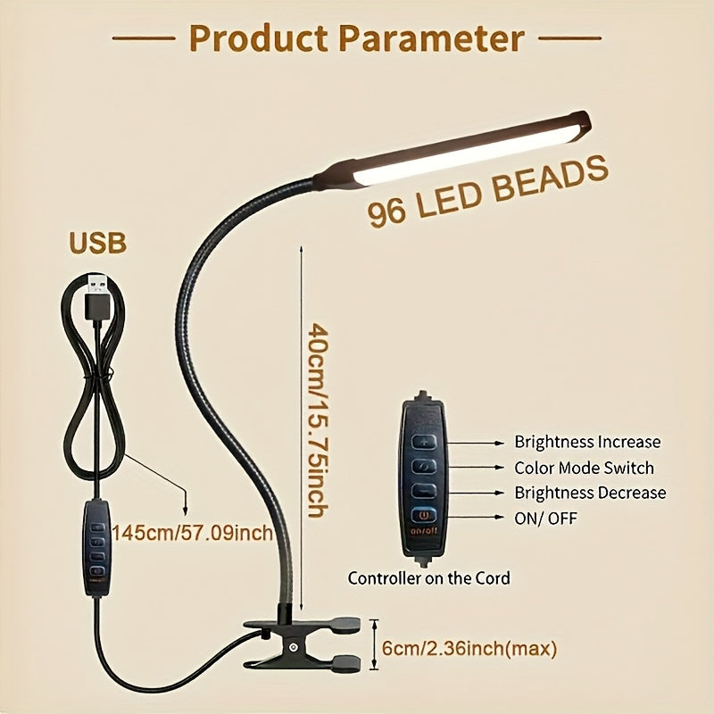 1pc USB metal stand clip desk lamp, photography fill light, adjustable height, three-color light adjustable, 360-degree metal flexible hose freely bendable, 96 LED beads, fill light clip lamp, reading light, desk lamp, night light
