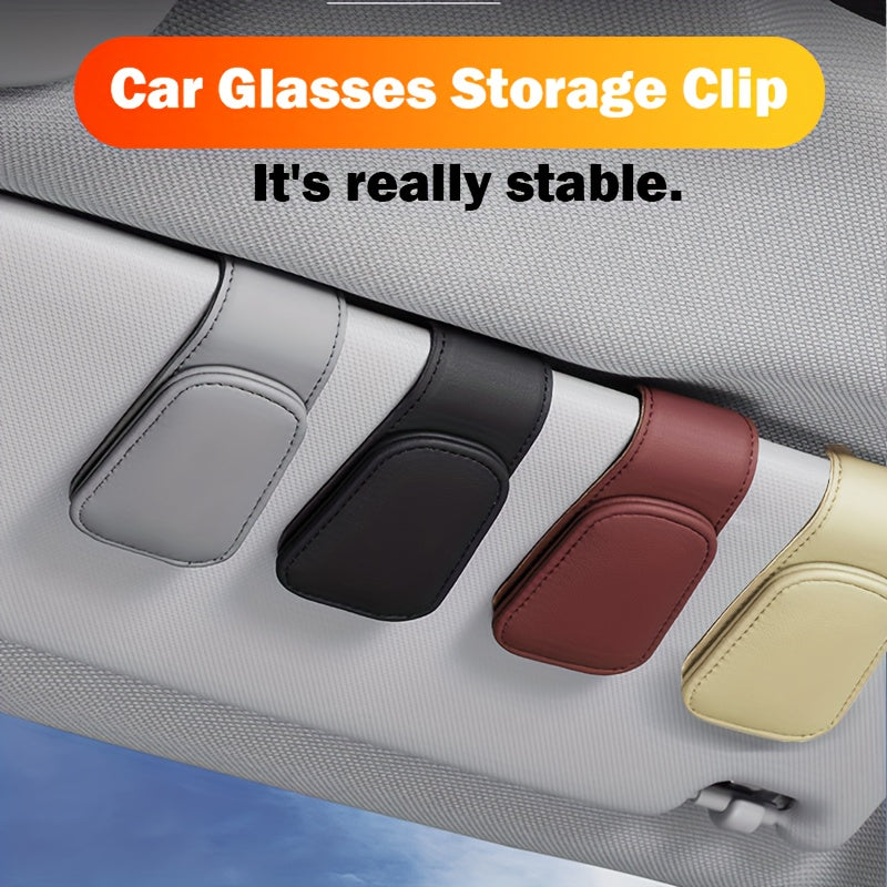2-Piece Magnetic PU Leather Car Sun Visor Glasses Holder with Card Slot – One-Hand Operation Design, Driver Side Interior Accessory, Gray & Black, Simple Snap Closure, One-Click Grip