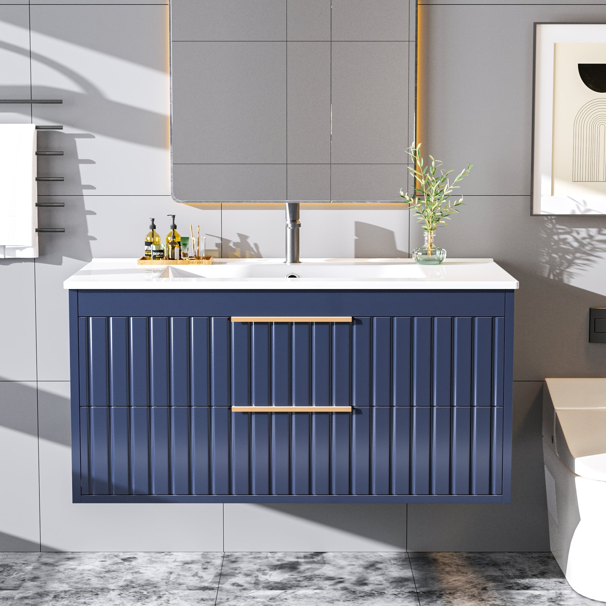 Bathroom Vanity with Sink - Wall Mount Floating Basin Cabinet, Soft-Close 2 Large Drawers, Modern Textured Stripe Design, Hidden Damping Drawers