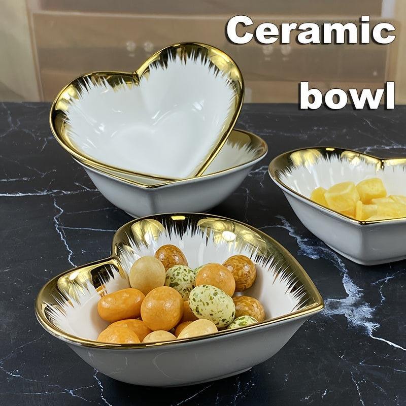 Set of 4, Ceramic Snack Bowls, High-End Electroplated Gold Small Appetizer Plates, 5-Inch Elegant Heart-Shaped Ceramic Bowls, Dessert Bowls, Table Bowl for Cereal, Fruit