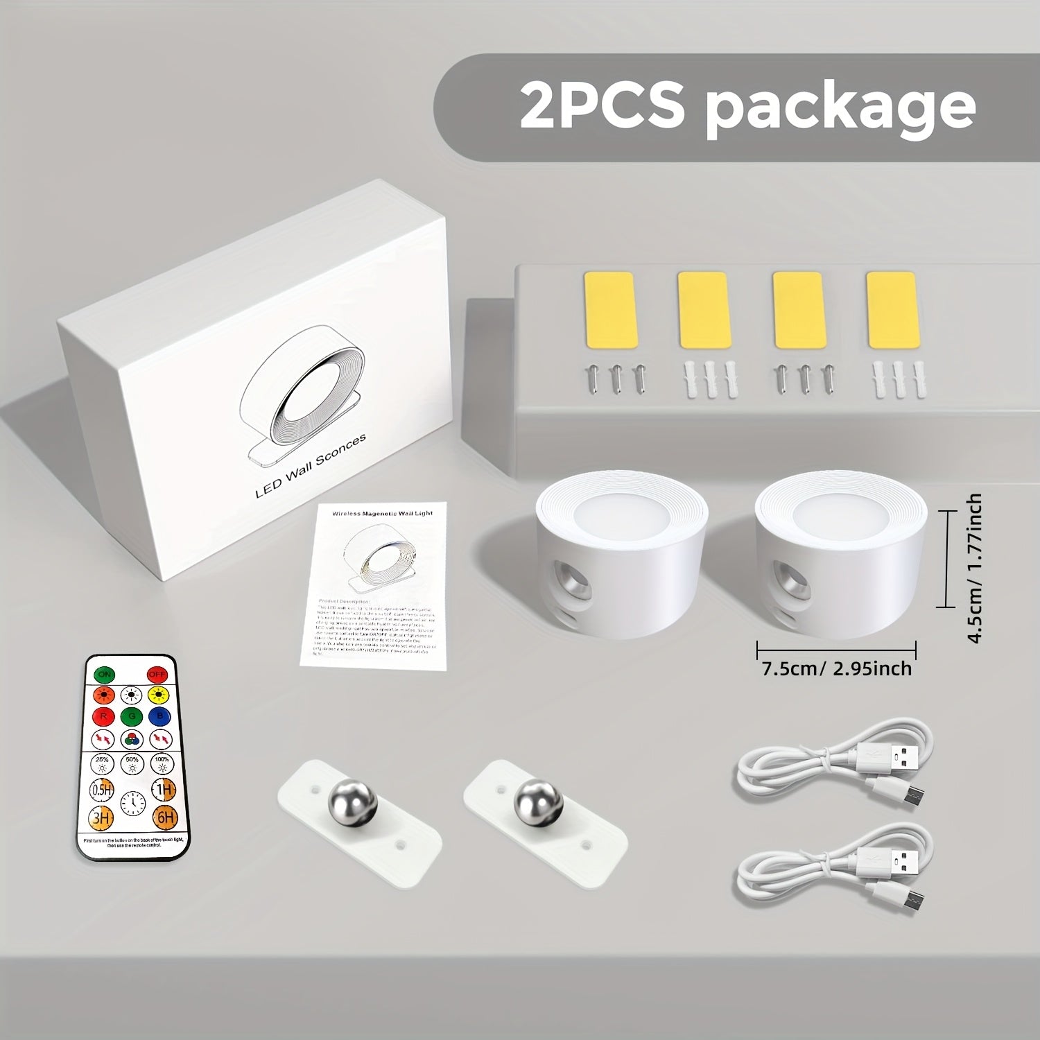 2-Pack LED Smart Wall Light, Dimmable Wall Lamp with 3 Lighting Modes and 16-Color RGB Remote/Touch Control, Powered by 2000mAh Rechargeable Battery, Suitable for Bedside Reading