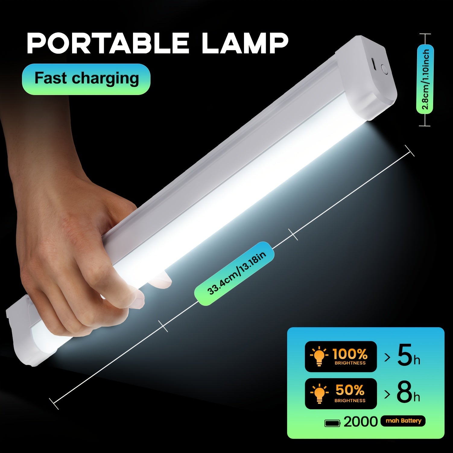 Portable LED emergency tube light (with hook), supports USB charging and multiple dimming modes, can be hung or handheld, suitable for power outage emergencies, camping, night repairs, dormitory lighting