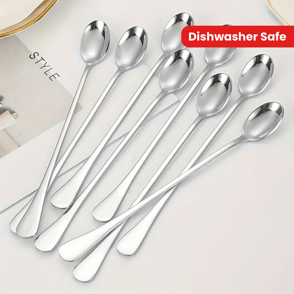 8-Piece Elegant Stainless Steel Long Handle Spoon Set – Perfect for Iced Tea, Coffee & Ice Cream – Dishwasher Safe, Polished Finish Kitchen Cutlery, Kitchen Utensils