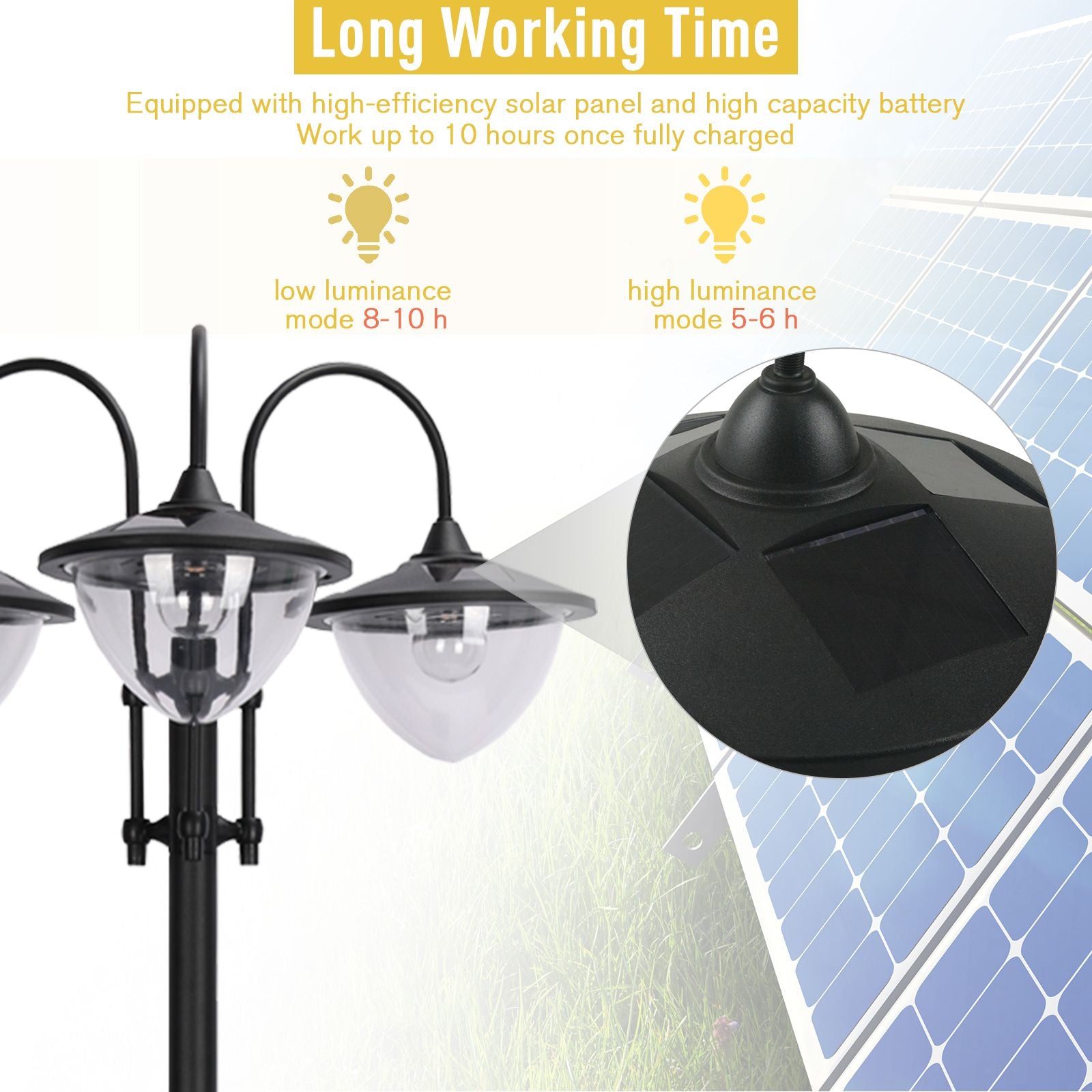 3-Head LED Solar Lamp Post Street Light with Planter, Solar Lamp Post, Black