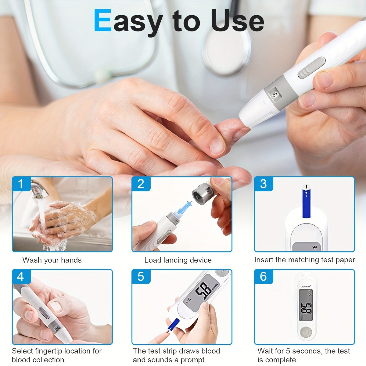 高精度血糖監測器糖尿病檢測套組，包含50個測試條、50個刺血針和1個刺血器，免編碼，方便旅行攜帶（1個套組 + 50條測試條）