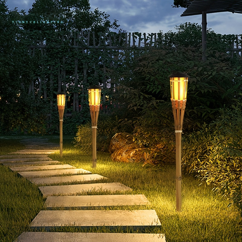 Solar Bamboo Craft Lawn Light, Warm Cozy Light, Flickering Flame Effect, Outdoor Lighting, Bamboo Ground Insert Torch Light, for Courtyard, Garden Path, Landscape Decoration