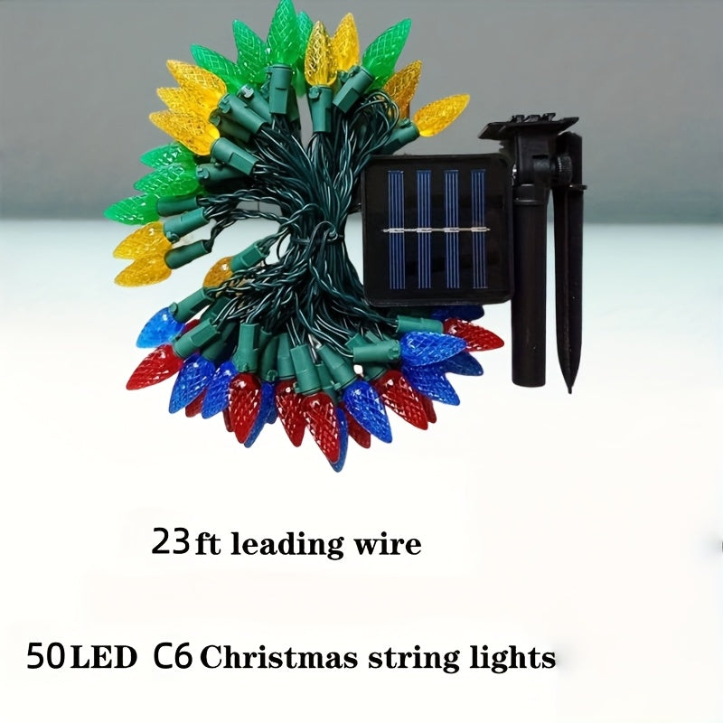 8套太阳能C6灯泡圣诞灯带 - 50颗LED灯，23英尺草莓太阳能串灯，适用于户外和室内使用 - 防水IP45，适合派对圣诞树装饰和节日庭院围栏装饰