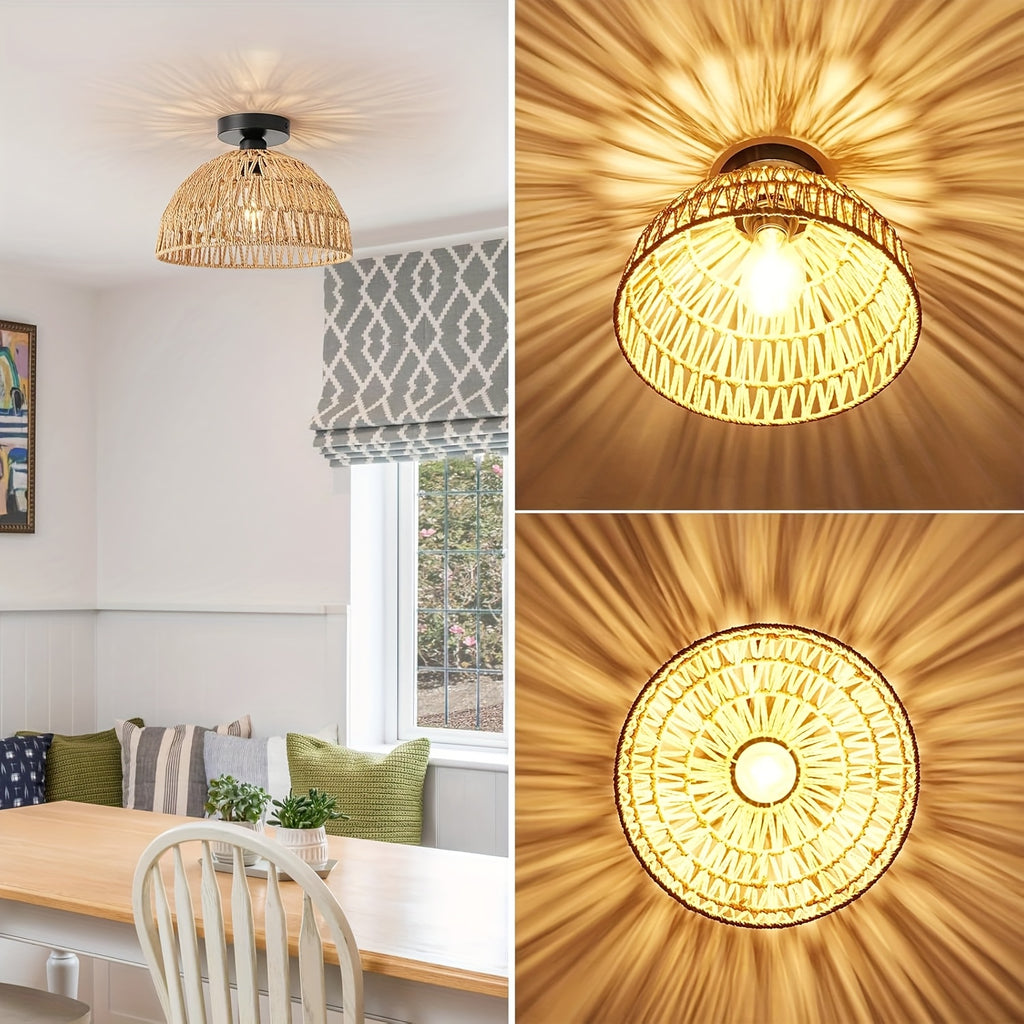 1 Bohemian Style Rattan Lamp with E27 Socket - Handwoven Rope Design, Semi-Flush Mount, Suitable for Bedroom, Hallway, Kitchen, Living Room, Dining Room Pendant Light, Rustic Coastal Style