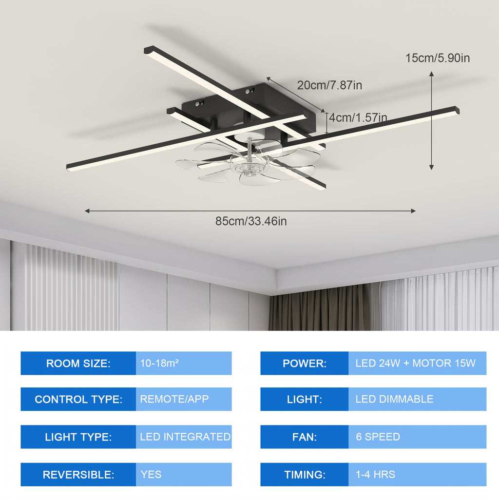 Modern LED Ceiling Fan with Light and Remote Control, Black Sputnik Semi-Flush Mount Ceiling Fan, Modern Chandelier Lighting Fixture for Bedroom Living Room Dining Room Kitchen Office