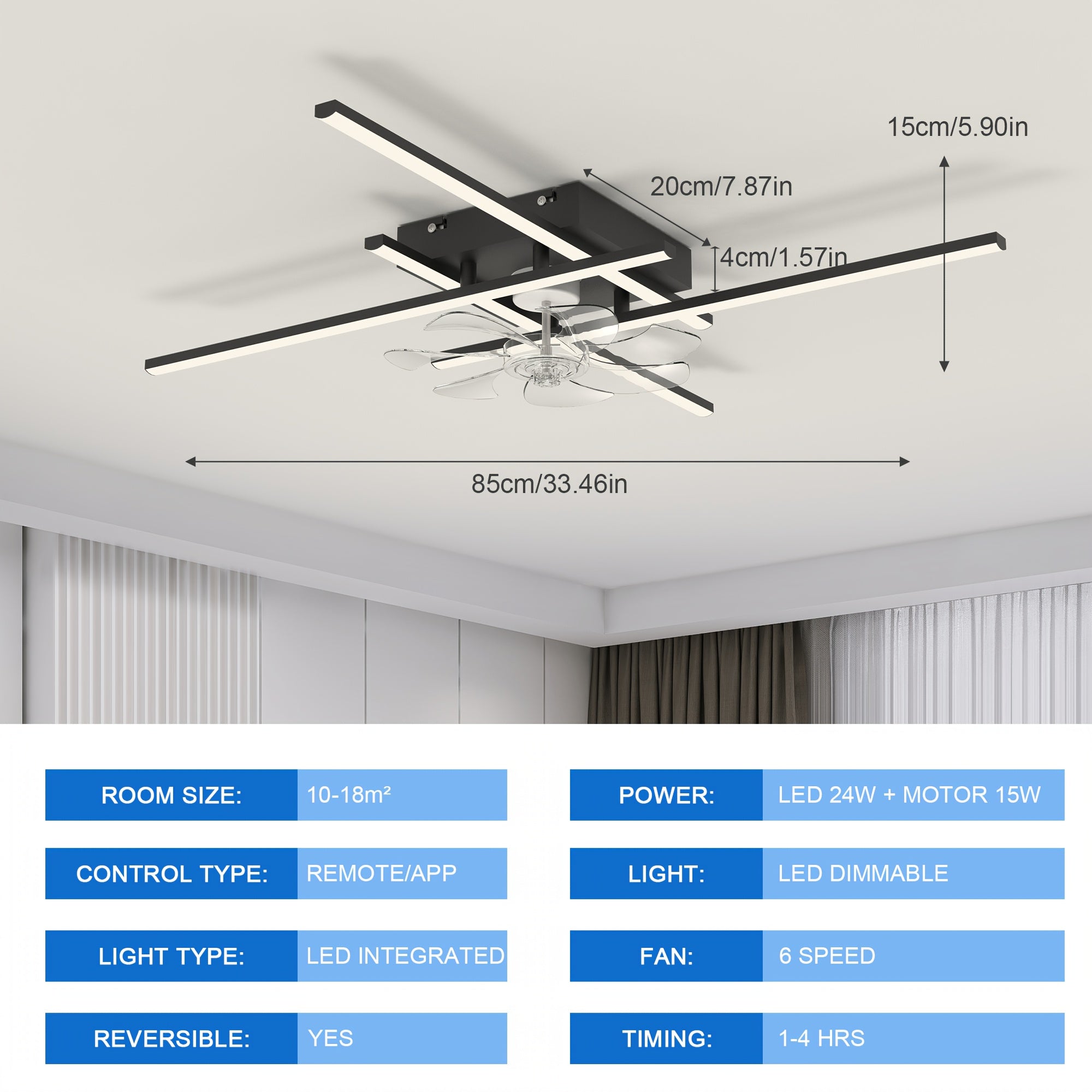 Modern LED Ceiling Fan with Light and Remote Control, Black Sputnik Semi-Flush Mount Ceiling Fan, Modern Chandelier Lighting Fixture for Bedroom Living Room Dining Room Kitchen Office