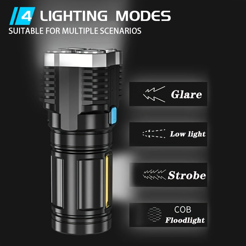 1PC 4LED Flashlight with COB Side Light, 4 Lighting Modes USB Rechargeable, Camping Tool, Plastic Material