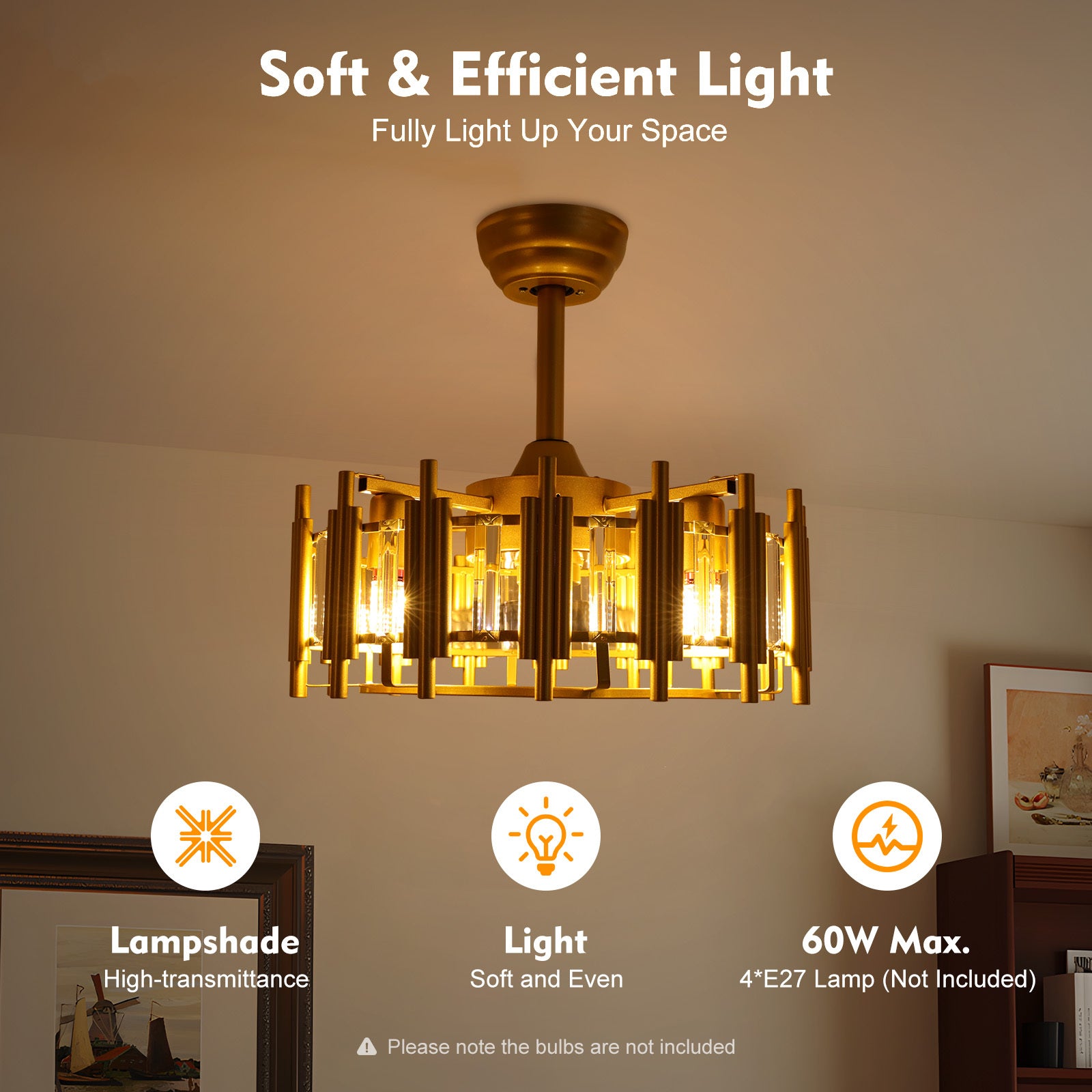 Modern Ceiling Fan with Light, 3 Speed Levels, 1/2/4 Hour Timer, 4 E27 Lamp Sockets, 4.8-9.8 Inch Adjustable Downrod, for Bedroom Living Room, 107.64-269.1 Sq.Ft Coverage