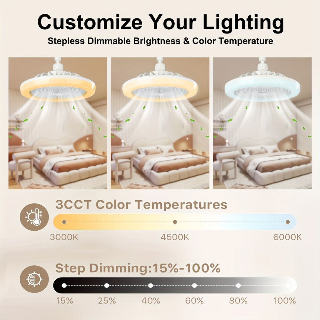 Remote Control Ceiling Fan with Light, Mini 10 Inch Enclosed Low Profile Fan Light, Chandelier with Fan, 3 Wind Speeds, 3 Color Dimmable & Timing Function, Summer Gift for Bedroom Dormitory