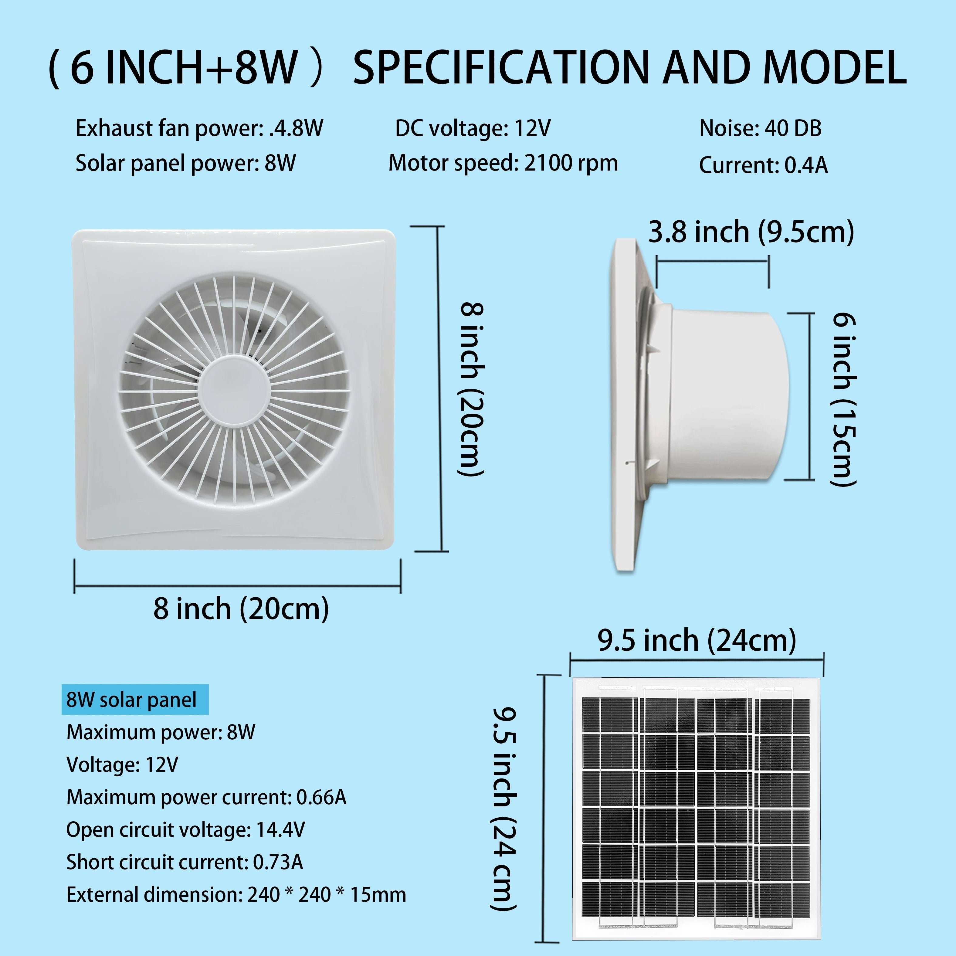 White Solar Exhaust Fan - Equipped with 6W/8W/17W Solar Panel and White High-Speed Exhaust Fan, Keeps Air Circulated and Space Cool, Ideal for Home, Greenhouse, Chicken Coop, Shed and Pet House